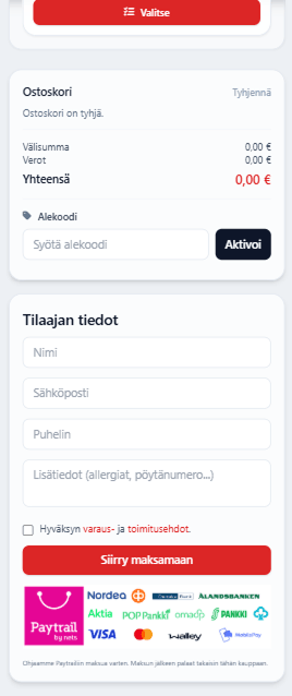 Ravintolan verkkokaupan ruokatilausnäkymä