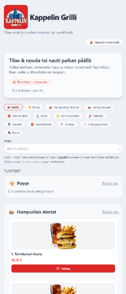 Ravintolan tilausjärjestelmän mobiilinäkymä